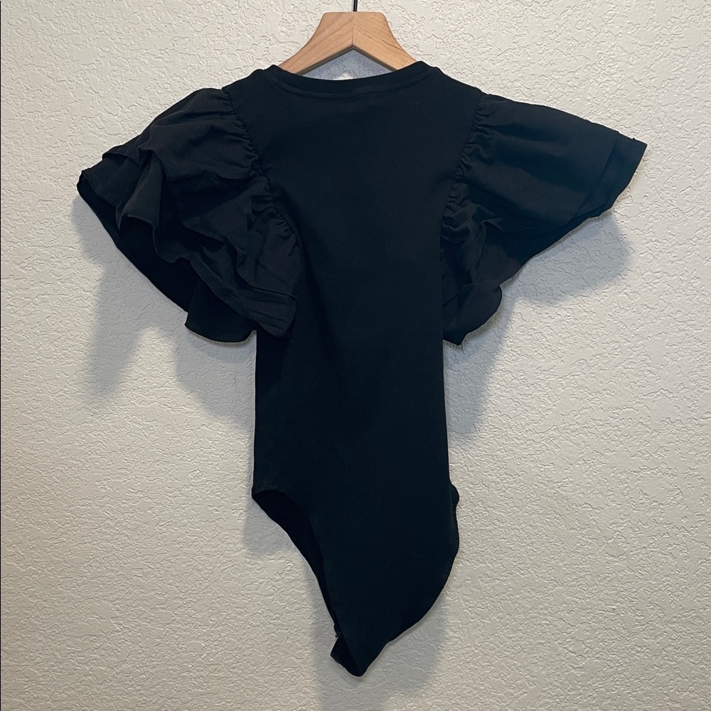 Zara Black Ribbed Knit Poplin Ruffle Sleeve Bodysuit Top Size Small - Picture 7 of 7
